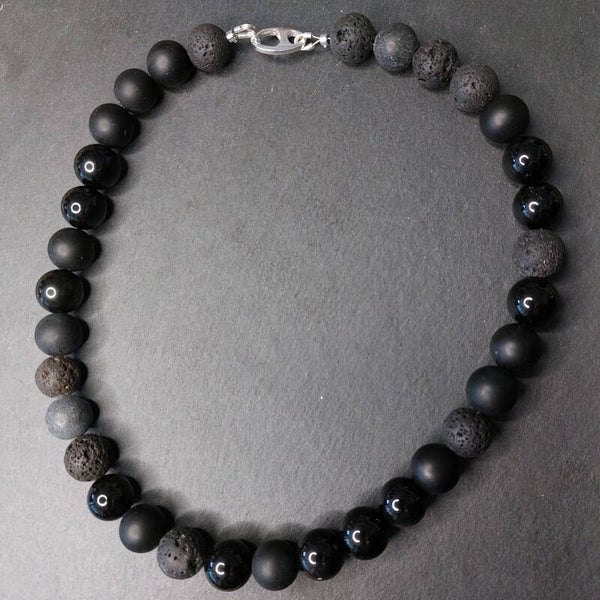 Onyx, Lava, matte Onyx en Goud Obsidiaan ketting met luxe grote lobstersluiting
