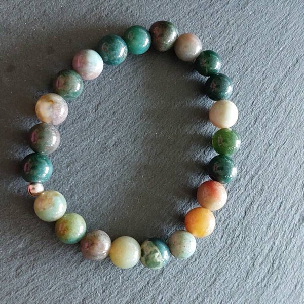 Indian Agaat armband met 8 mm kralen en een zilveren kraal
