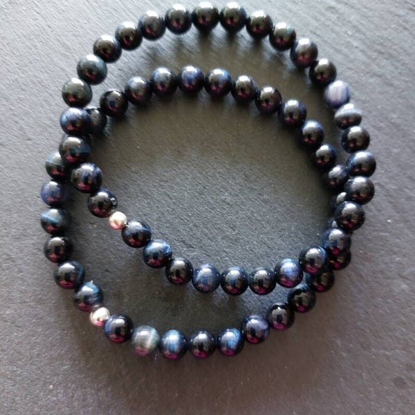 Zwarte armband met 6 mm kralen onyx, zilveren obsidiaan en matte onyx en zilveren kraal