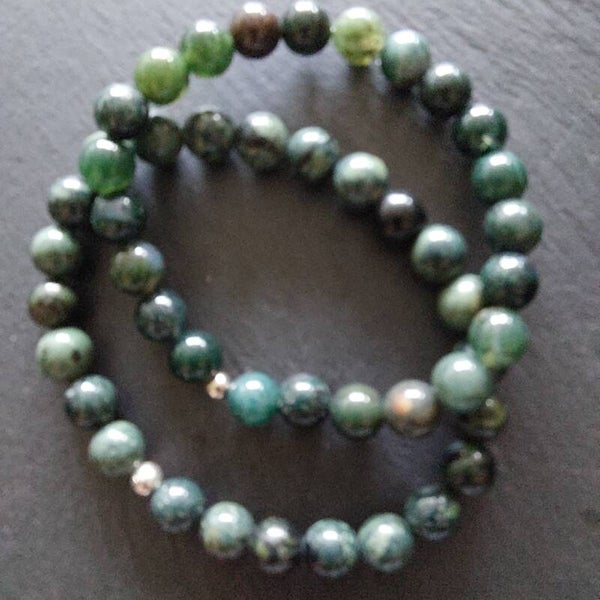 Groene Kambaba jaspis armband met 8 mm kralen en een zilveren kraal