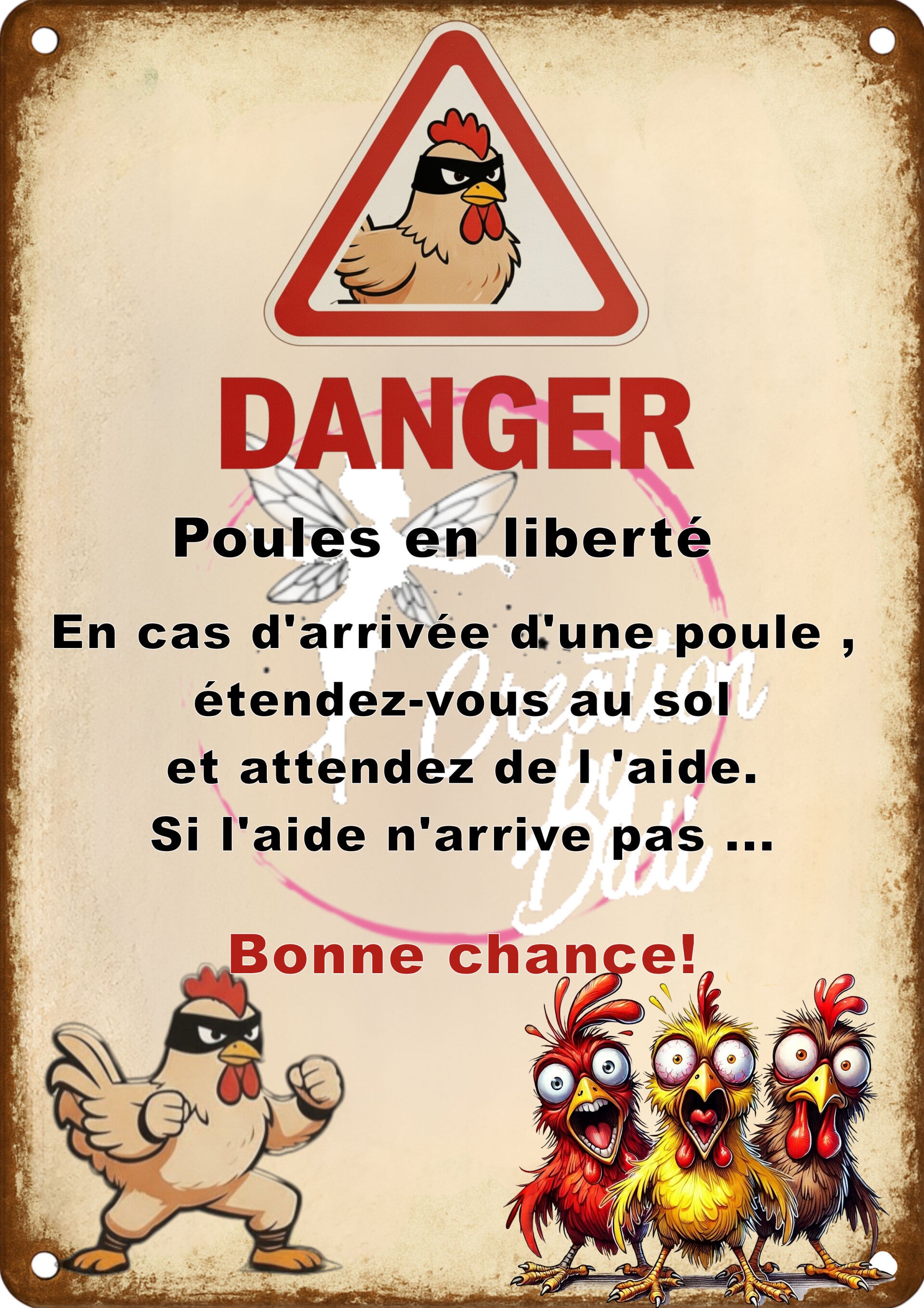 Plaque "Danger : Poules en liberté