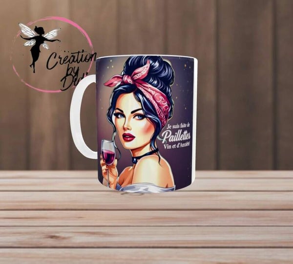 🍷 Mug « Je suis faite de paillettes, vin et d’anxiété »