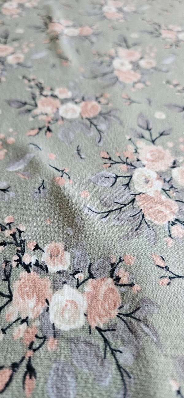 1016 1017 Stoff Baumwolljersey graugrün mit Blumen, Rosen