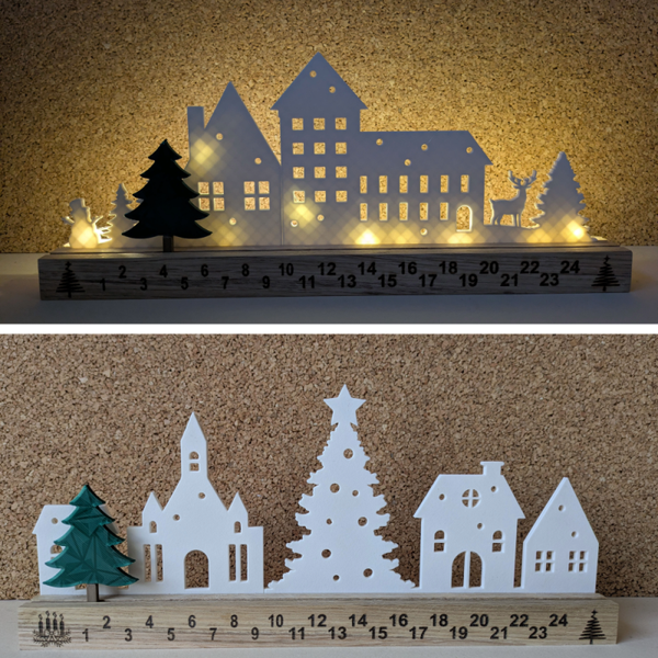 Adventskalender Häuserzeile aus Holz & 3D-Druck – Countdown bis Weihnachten – Beleuchtbare Weihnachtsdeko