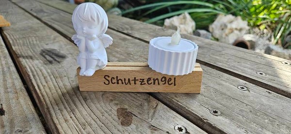 Holz-Kerzenhalter Klötzchen mit Spruch & Figur (Schutzengel, Heimathafen) – Geschenkidee