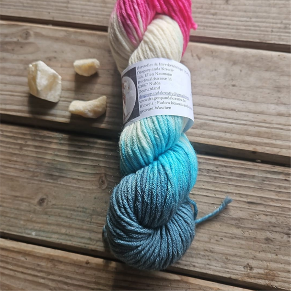 Handgefärbte Sockenwolle Nr. 28/26 – Dickes Garn 115m/100g – Pink, Türkis & Grau