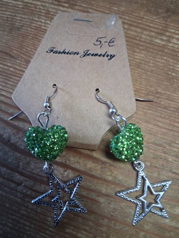 Ohrringe - Hängeohrringe - grünes Glitzerherz, Stern - OR 02