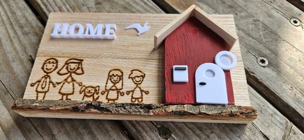 3D Holzbild mit Häuschen & Brandmalerei – Dekoschild Familie, Katze, Hund & Maritim