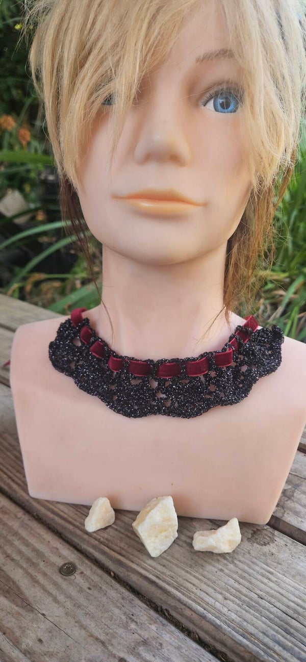3-teiliges Gothic Set: Choker, Armband & Tasche Schwarz Silber Blau – Längenverstellbar mit Satinband – Alternative Jewelry