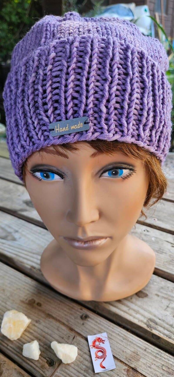 3-teiliges Set Mütze Stirnband Loop Merino Lila – Dicke 100% Schurwolle Merino Handgestrickt