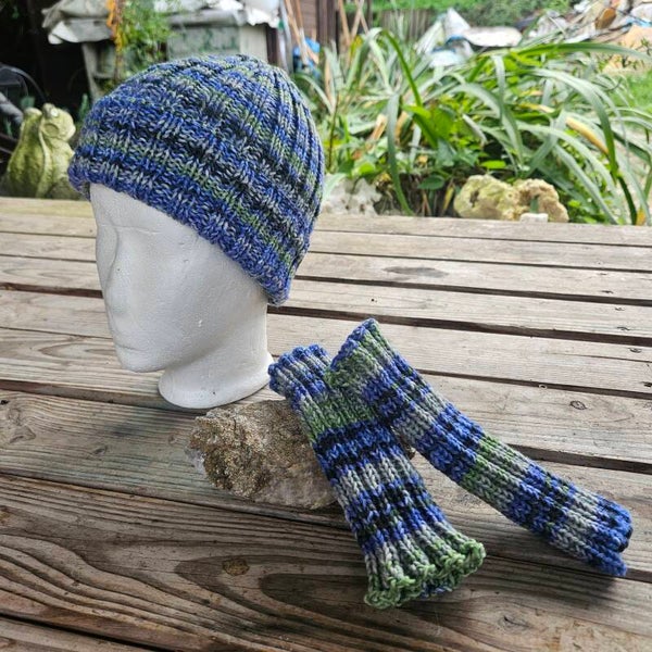 Herren-Set 3-teilig: Mütze, Stirnband & Stulpen – Dick gestrickt aus Opalwolle (Blau-Grün)