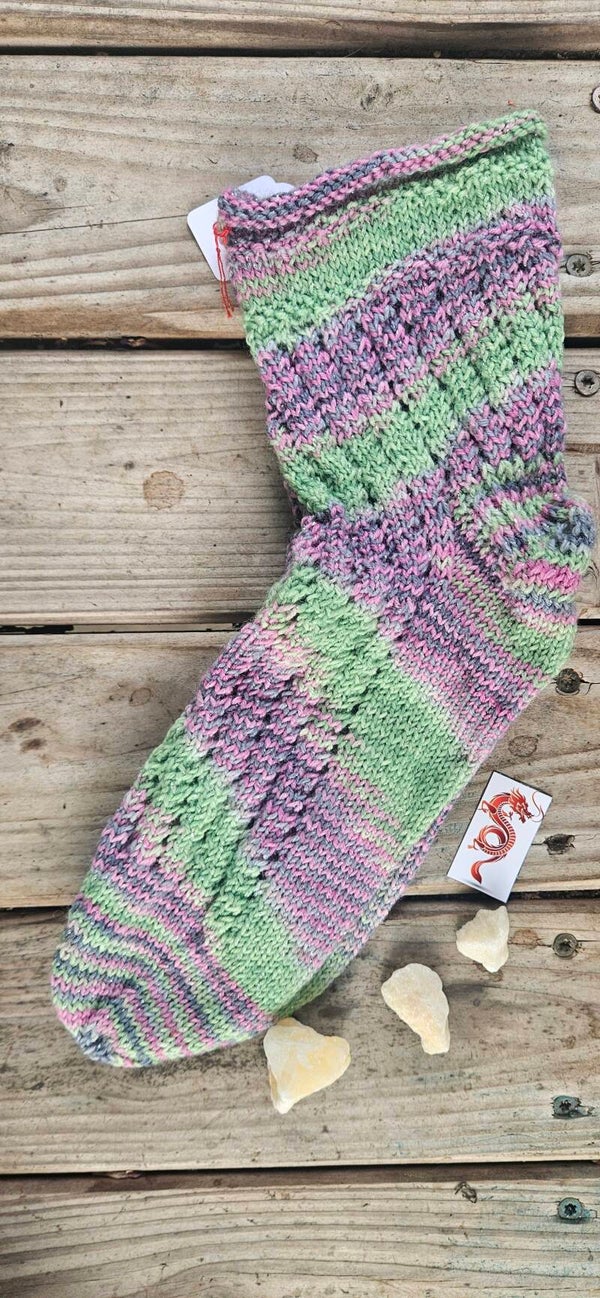 Handgestrickte Glitzersocken "SO1" Grün & Lila mit Muster – Größe 38/39 – Unikat