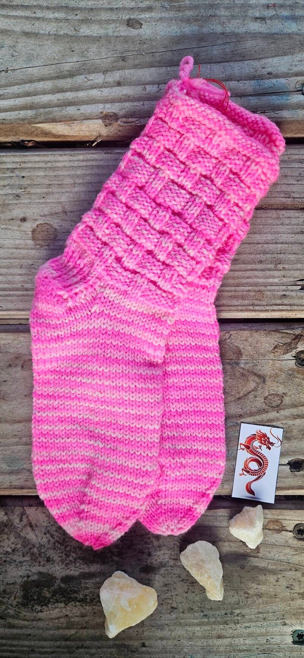 Handgestrickte Kindersocken "SO14" Pink / Rosa meliert – Gr. 30/31 – Flechtmuster