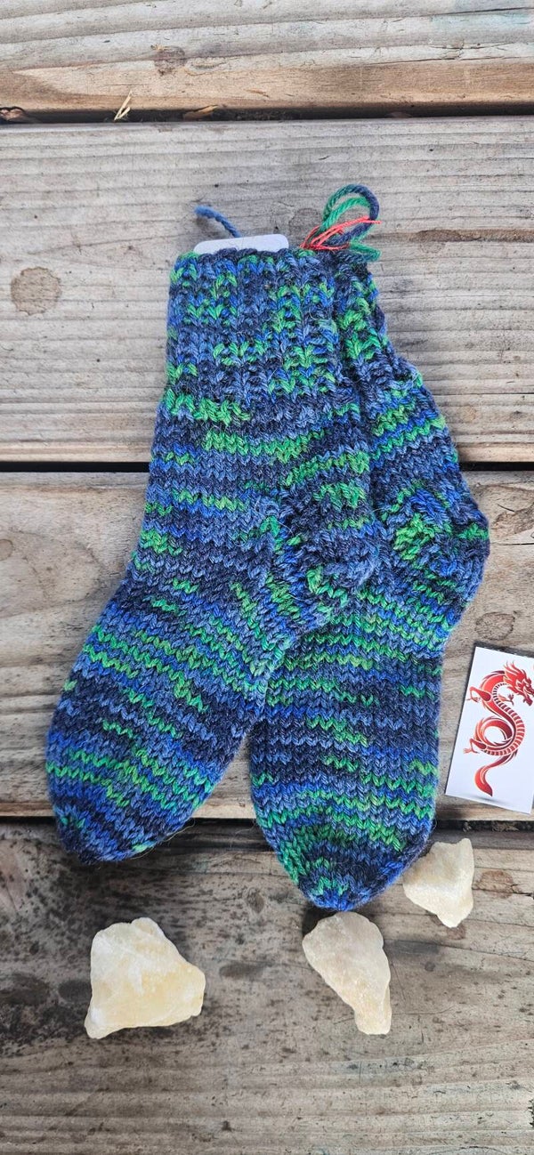 Handgestrickte Kindersocken "SO9" Blau & Grün – Größe 22/23 – Unikat