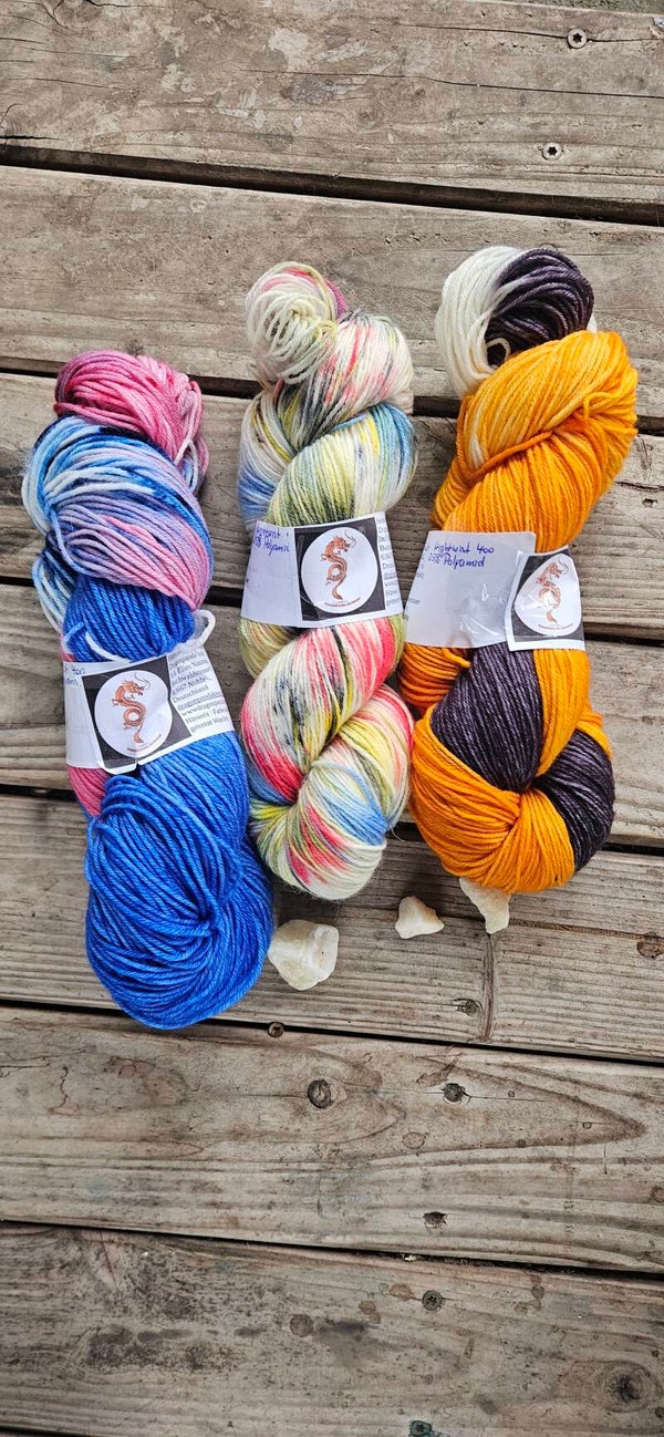 Handgefärbtes Wolle 3er-Set ST12 – Merino High Twist (Sonnengelb, Speckles & Königsblau)