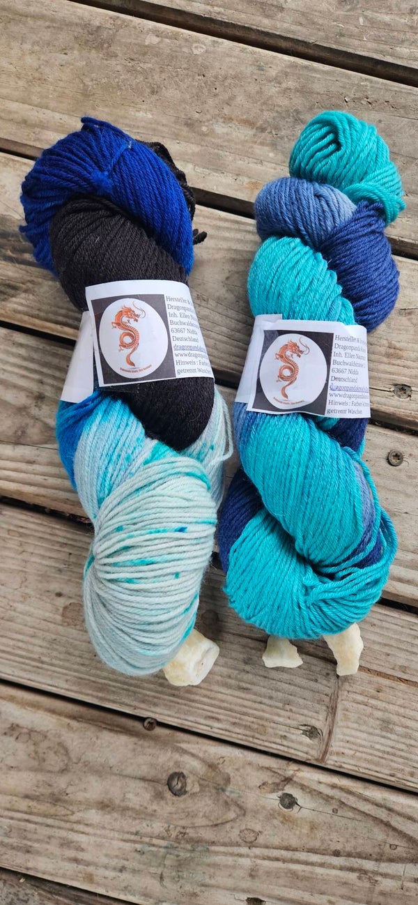 Handgefärbtes Sockenwolle 2er-Set ST15 – Merino High Twist (Ozean-Blau & Türkis)
