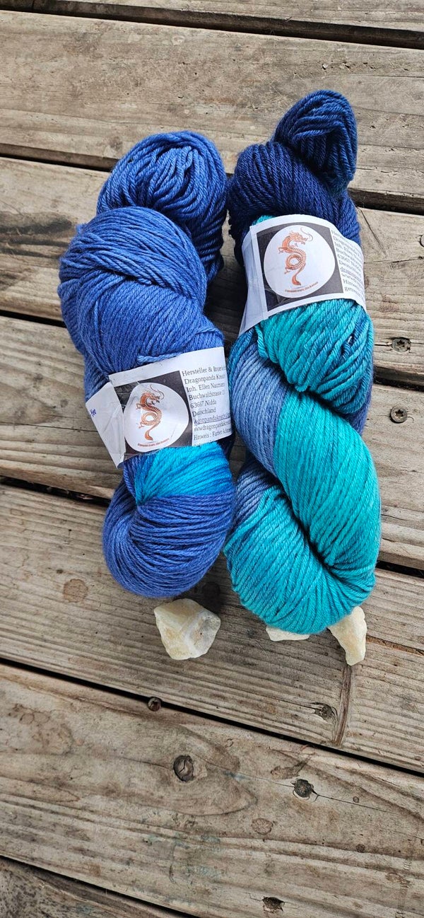 Handgefärbtes Sockenwolle 2er-Set ST17 – Merino Blau & Türkis (4-fach & 6-fach Duo)