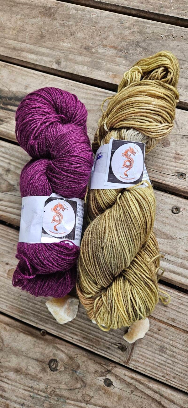 Handgefärbtes Sockenwolle 2er-Set ST25 – Merino/Polyamid (Brombeere & Senfgelb meliert)
