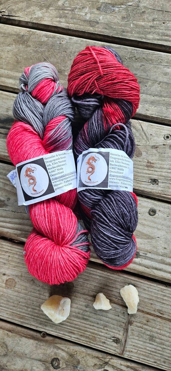 Handgefärbtes Wolle 2er-Set ST8 – Merino High Twist (Pink/Rot & Grau/Anthrazit)