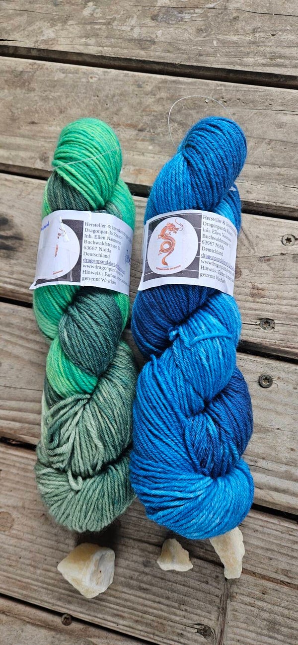 Handgefärbtes Sockenwolle 2er-Set ST9 – 6-fädig Merino (Blau & Grün Duo)