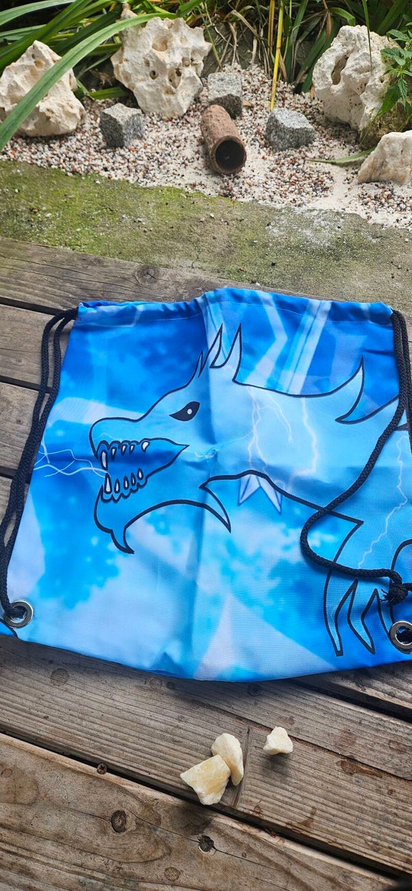 Genähter Turnbeutel Rucksack blau mit Drache | Drawstring Bag Dragon | gym bag water resistant