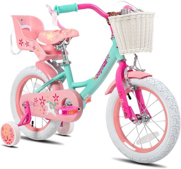 Girls Bike 16 Inch W Training Wheels, Doll Seat, Streamers, Basket GREEN/PINK