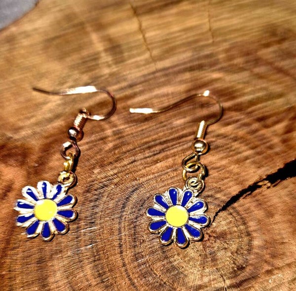 3014 Goldohrringe "Blue & Yellow Flowers"