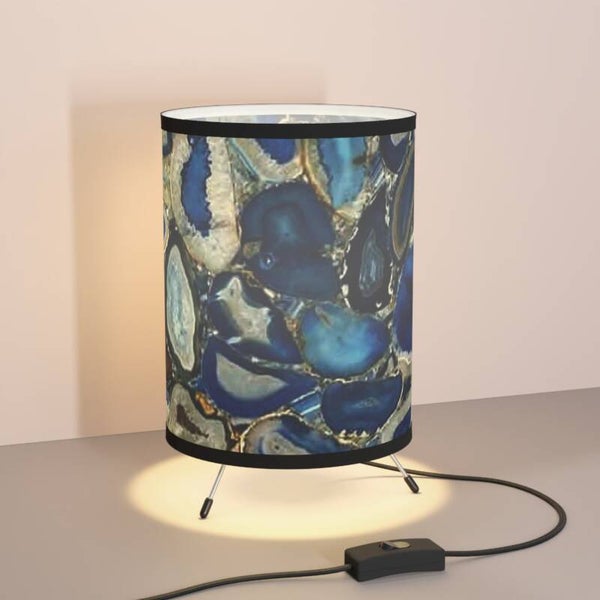 Boho Tripod Lamp with High-Res Printed Shade, Artisan Lighting, Home Decor, Unique Gift, Bohemian Style, Blue Agate, Marble Design. Custom