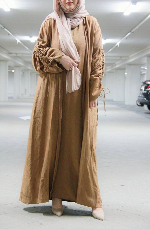 Brown silky mix Abaya set