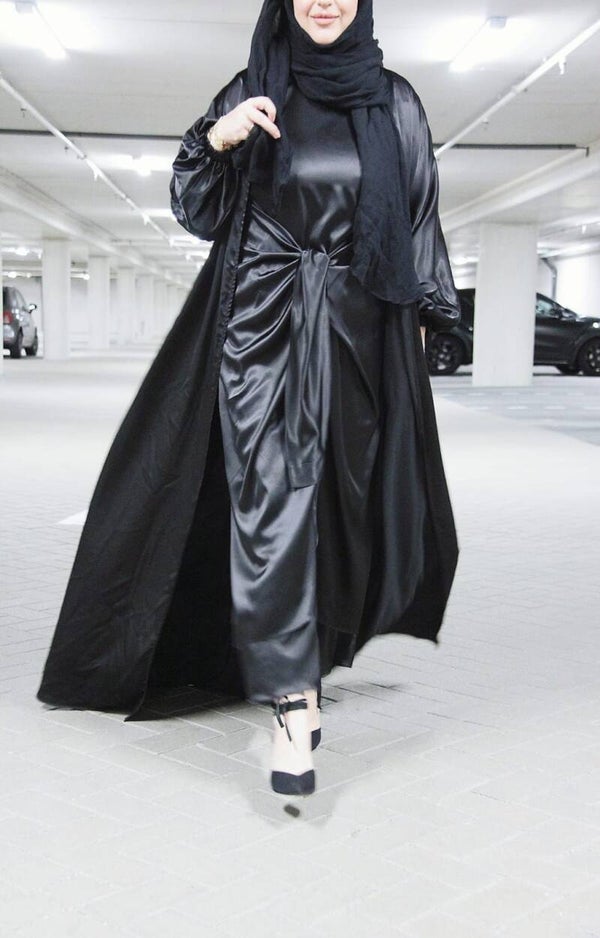 Black satin drape dress with abaya