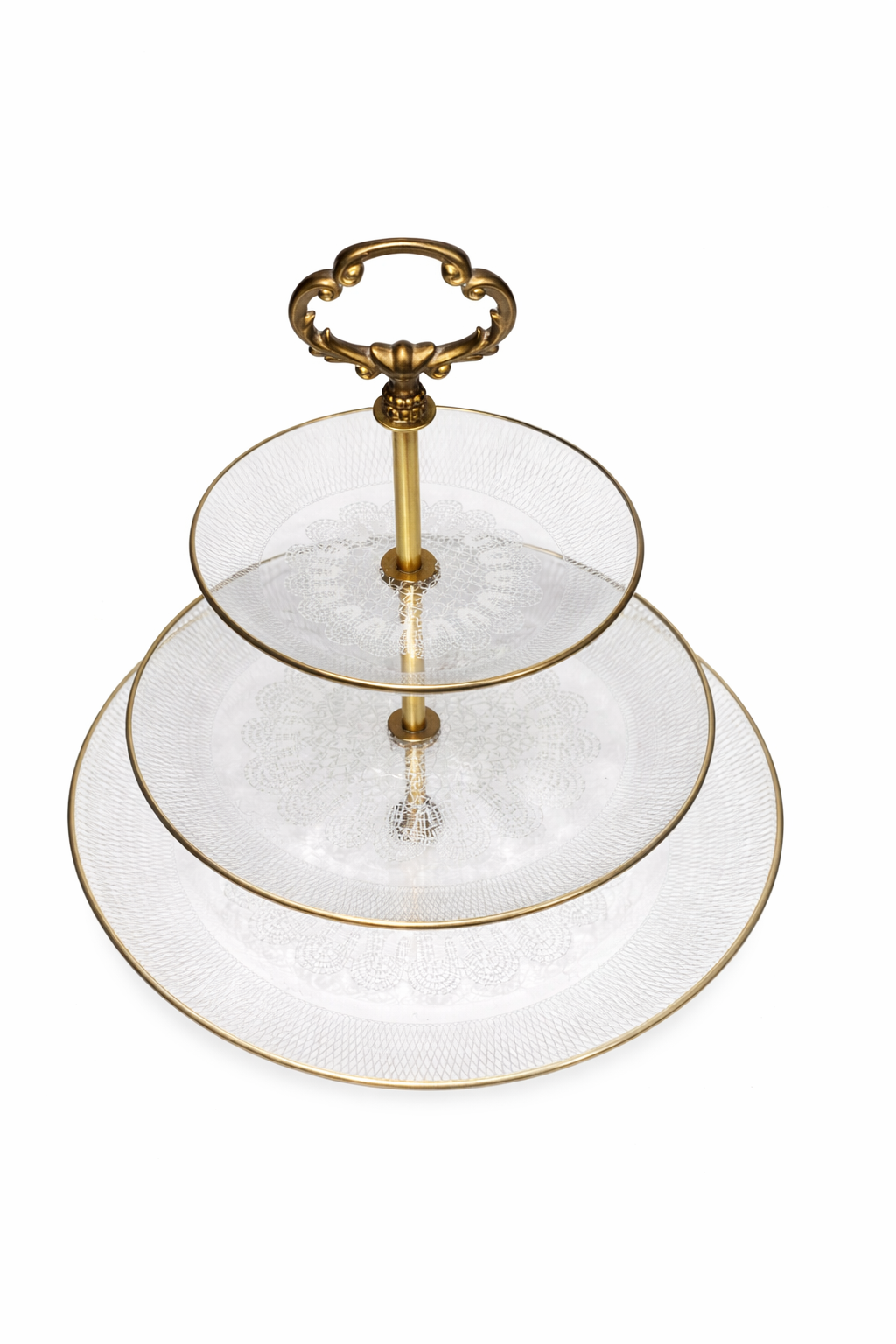 Vintage Etagere 3-stöckig Glas mit Goldrand & Messinggriff – 38 cm