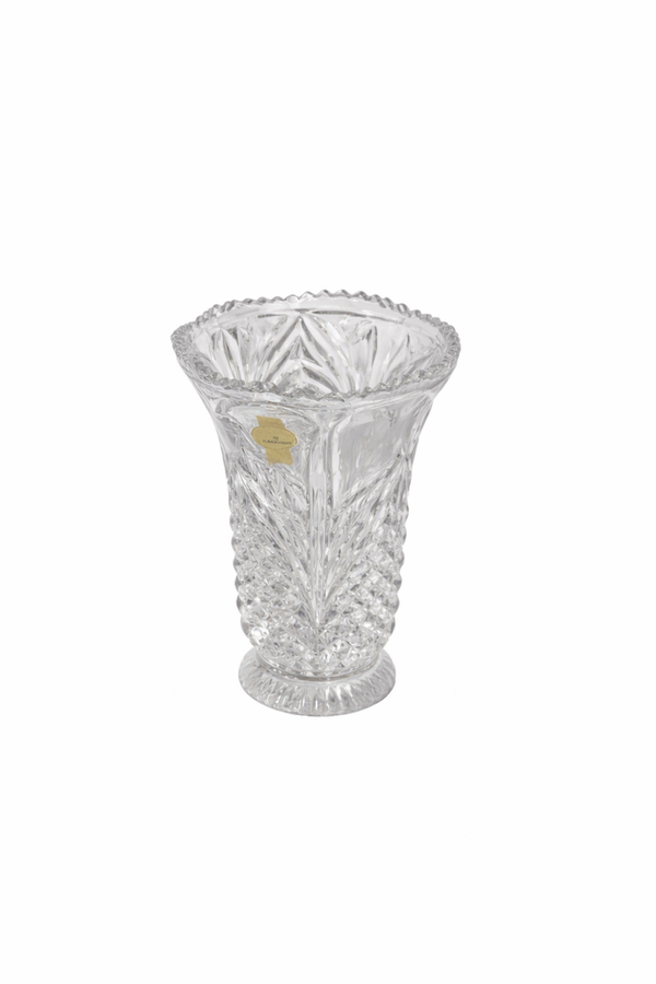 Schwere Bleikristall Vase milchig Blattmotiv – Höhe 15,5 cm, Ø oben 10 cm, Boden 5,5 cm