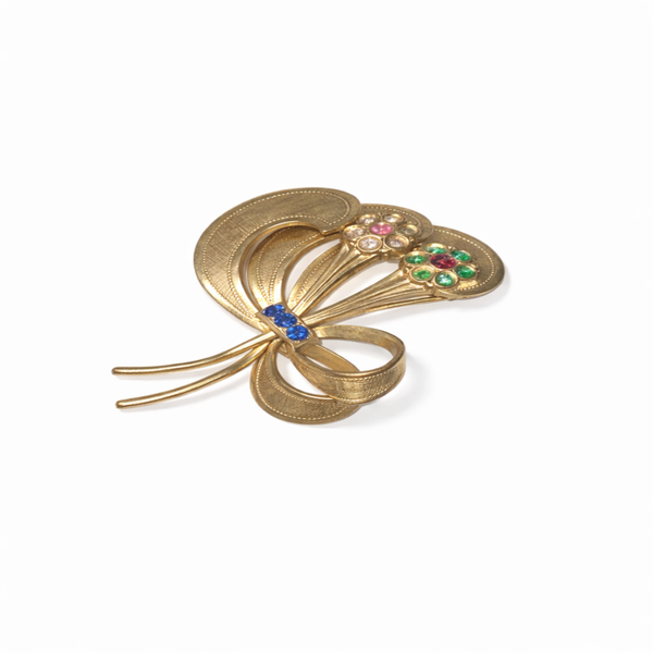 Vintage Strass Brosche Schleifenmotiv – Gold Double vergoldet – 60×42 mm