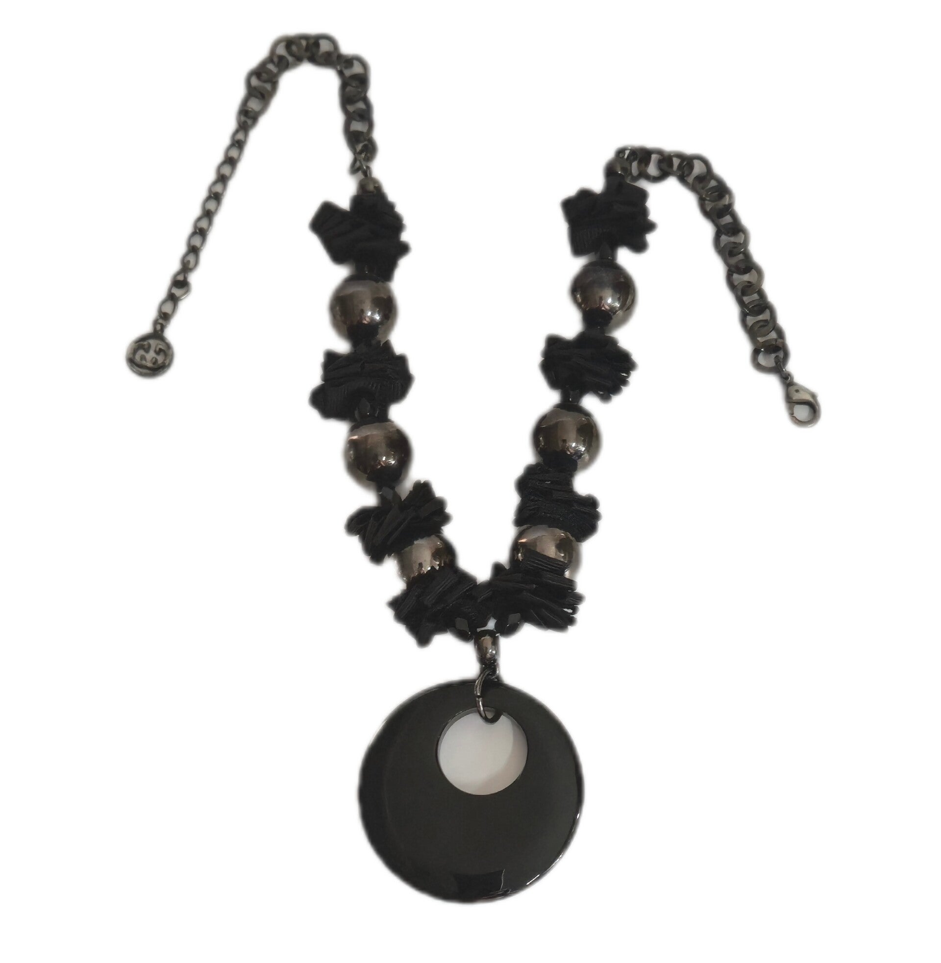 Gerry Weber Kette schwarz dunkel Silber Ripsband Donut Anhänger 45 cm