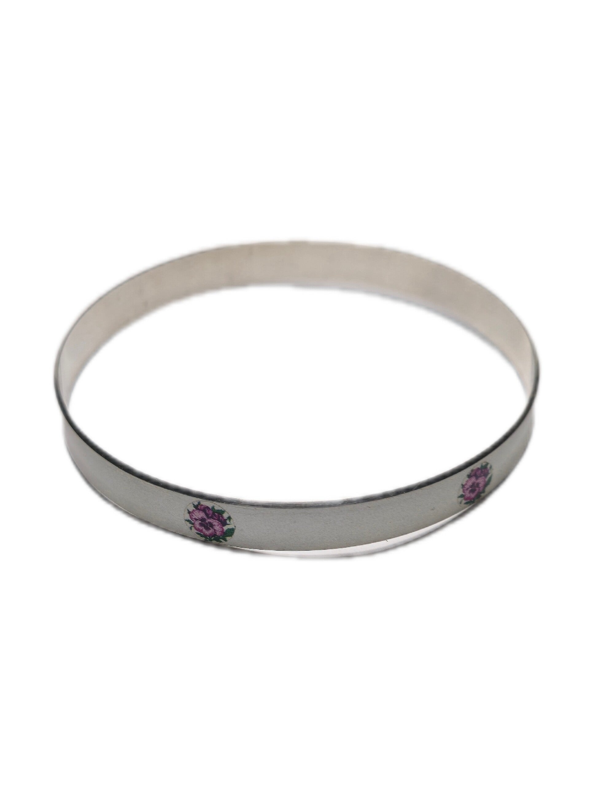 Armband Emaille weiß mit rosa und grün Stiefmütterchen 21 cm 7 mm breit