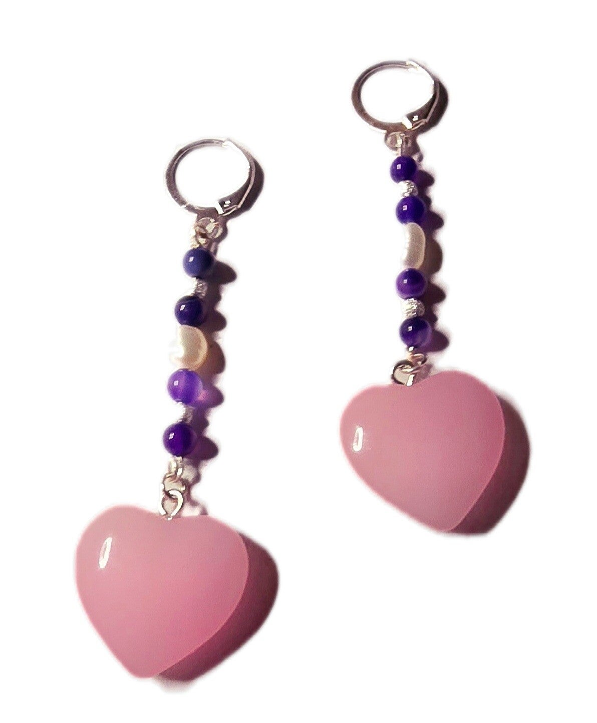Ohrhänger 925 Sterling Silber Amethyst Süßwasserperlen Rosenquarz Herz 73 mm 8,44 g