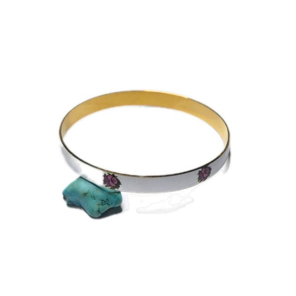 Emaille Armband vergoldet auf weißer Emaille mit rosa grünen Stiefmütterchen 21,5 cm