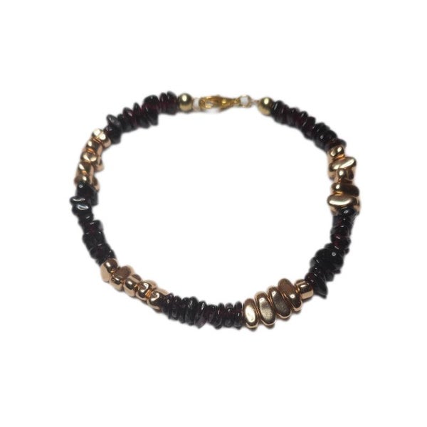 Naturstein Granat Armband mit goldfarbenem Hämatit auf Draht gefädelt 19 cm