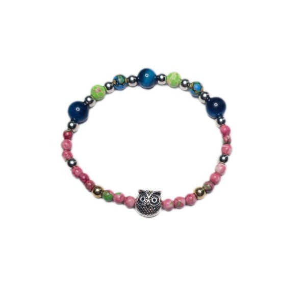 Naturstein Armband Eule Jaspis Tigerauge Tang Tri blau rosa Hellgrün 16,5 cm