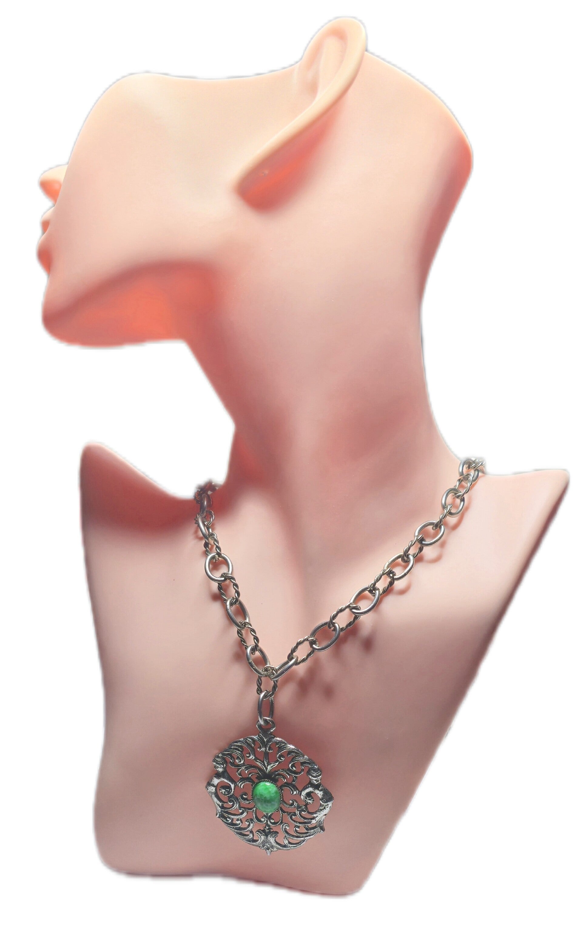 Art Deco Trachtenschmuck Kette Alpacca Neusilber kein Edelmetall Jadealbit 45 cm