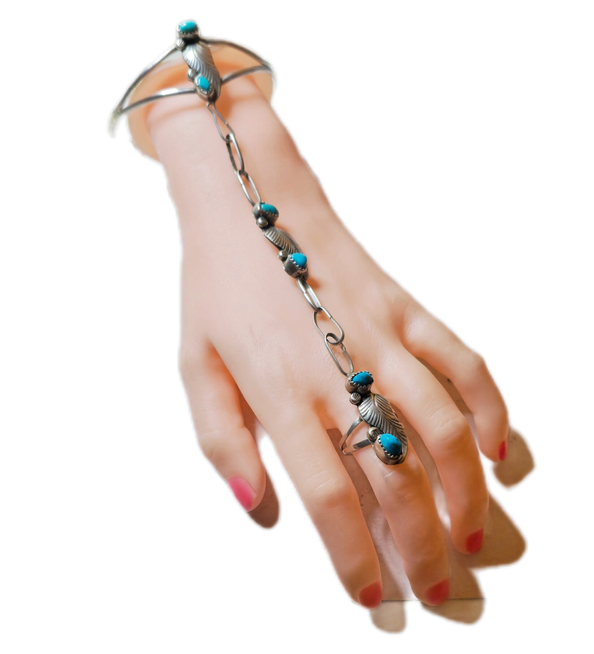Ester Ortiz Set 925 Silber Handkette Armspange Ring 6 Türkise Feder ziseliert