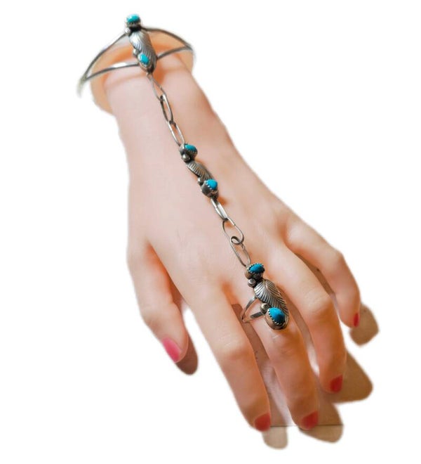 Ester Ortiz Set 925 Silber Handkette Armspange Ring 6 Türkise Feder ziseliert