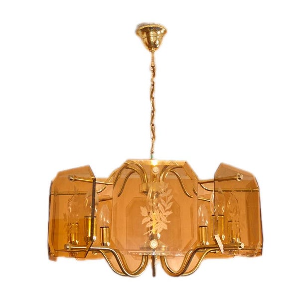 Vintage Kronleuchter 8-flammig hängend – Messing mit Patina, für Kerzenbirnen