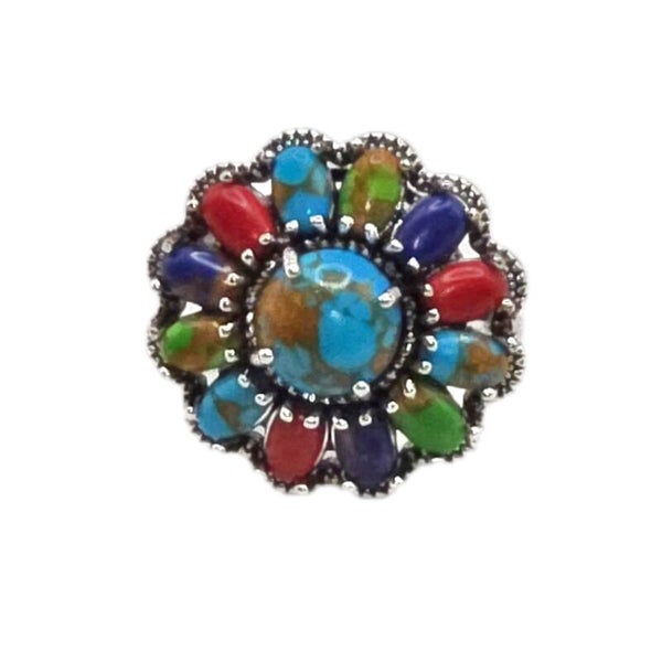 Ring versilbert synthetischer Türkis Cabochon geriffelt Ringgröße 60 Neuwertig