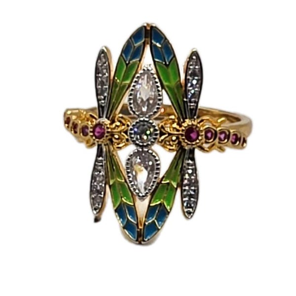 Libellenring Art Nouveau Stil vergoldet Kupfer Ringgröße 59 Cubic Zirkonia