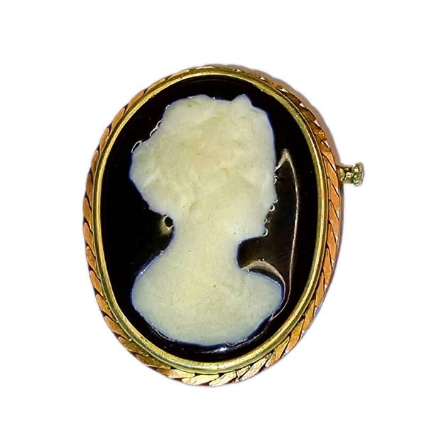 Kamee Brosche 835 Silber vergoldet Limoges Porzellan Damenprofil blau