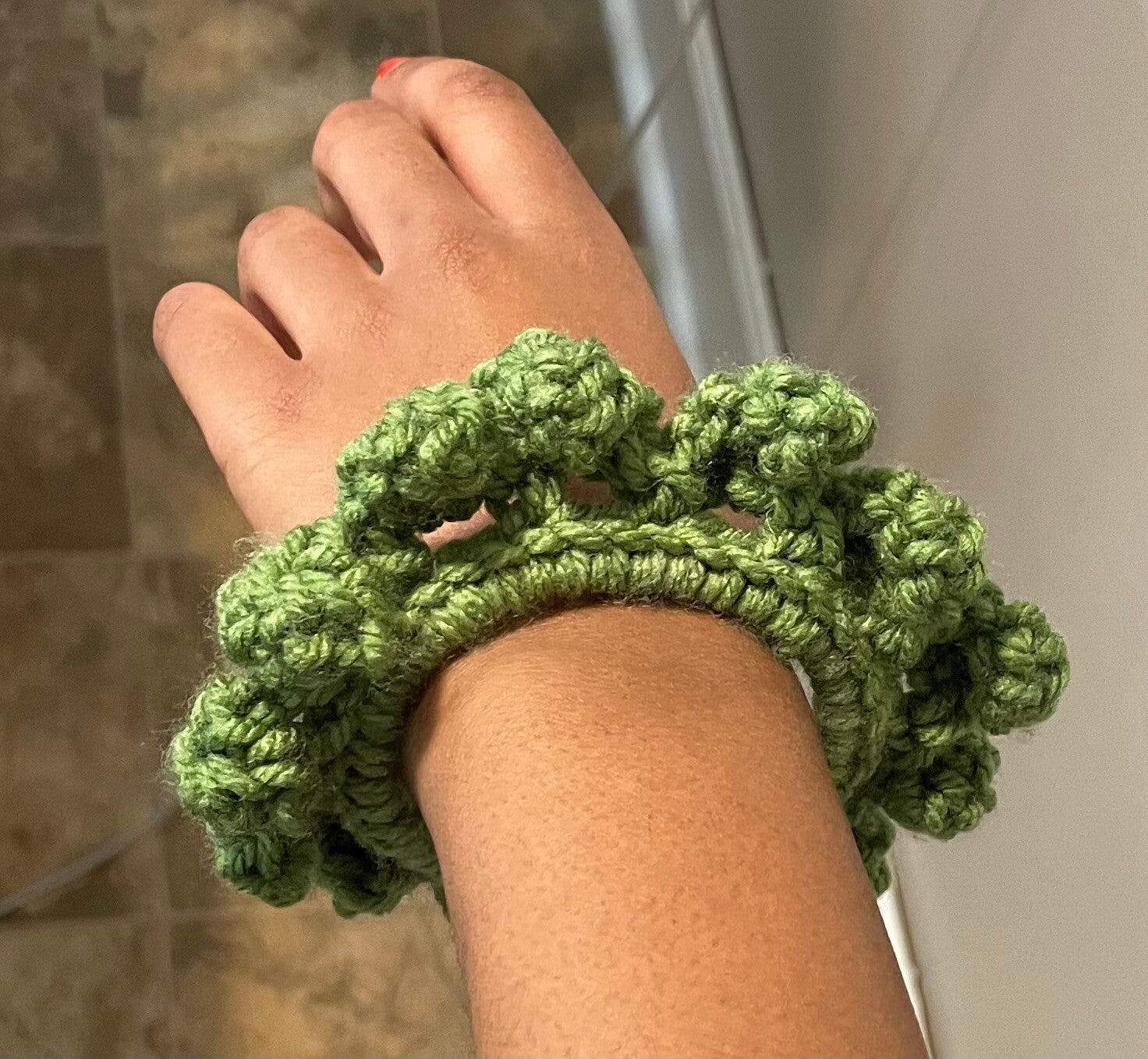 Sage Green Crochet Flower Scrunchie