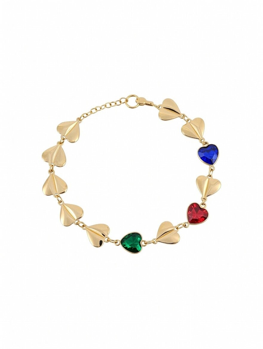 PULSERA DE CORAZONES EN DORADO CON CRISTALES DE COLORES
