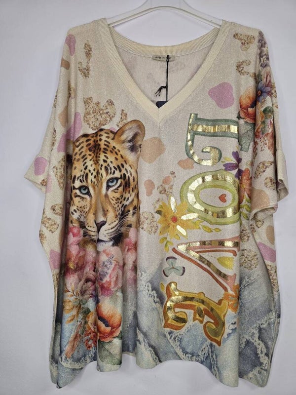 AMPLIO TOP LARGO BRILLANTE LEOPARDO