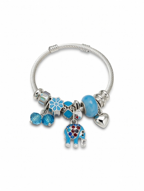PULSERA ABALORIOS EN PLATEADO ELEFANTE AZUL CIELO
